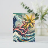 シュールなバナナのタコが波に乗る ポストカード (スタンド正面)