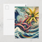 シュールなバナナのタコが波に乗る ポストカード (正面/裏面)