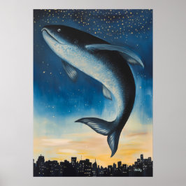 シュールな夢の世界を描いた魚が都市スカイラインの上に浮かぶ ポスター