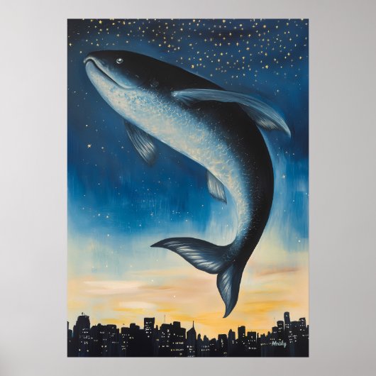 シュールな夢の世界を描いた魚が都市スカイラインの上に浮かぶ ポスター (正面)