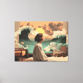 シュールな女性と猫のいるインテリア キャンバスプリント (正面)