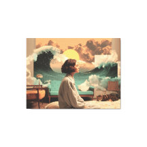 シュールな女性と猫のいるインテリア