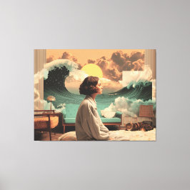 シュールな女性と猫のいるインテリア キャンバスプリント