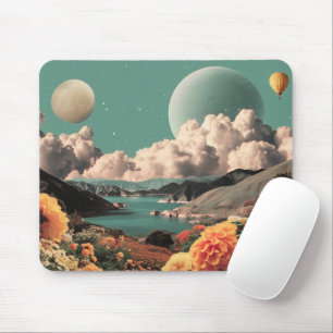 シュールな山々と惑星と雲の風景 マウスパッド