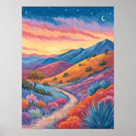 シュールな山の夕焼け風景画 ポスター