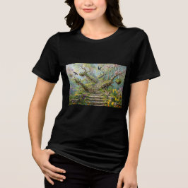 シュールな春の階段とツバメと野の花 トライブレンドＴシャツ