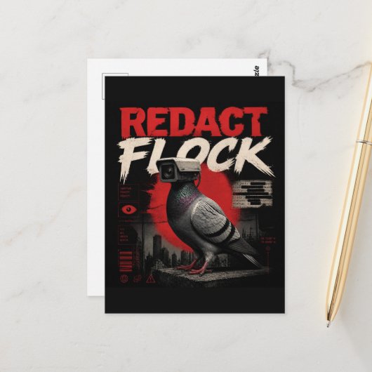 シュールな監視カメラの鳩がredact+flockと表示、黒塗りされた単語と編集済みの文書がディスト ポストカード (正面/裏面インサイチュ)