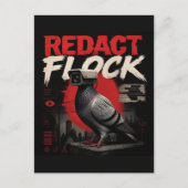 シュールな監視カメラの鳩がredact+flockと表示、黒塗りされた単語と編集済みの文書がディスト ポストカード (正面)