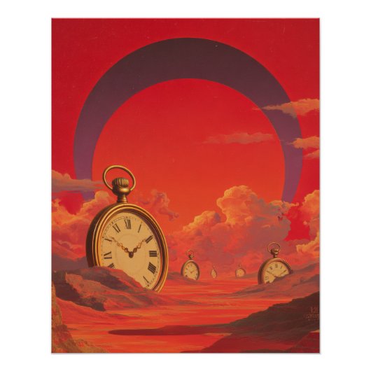 シュールな砂漠の時計 赤い夢の世界アート ポスター (正面)