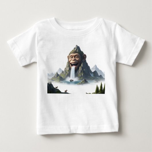 シュールな笑う猿の顔 山の滝 ベビーTシャツ (正面)