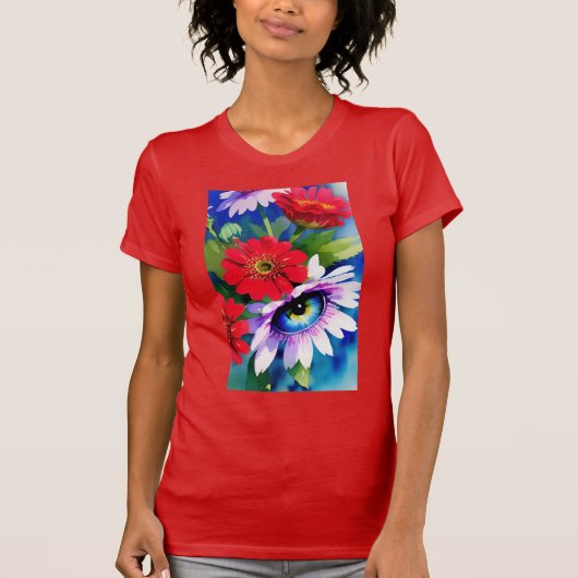 シュールな青い目のピンクの花と赤い百日草 Tシャツ (正面)