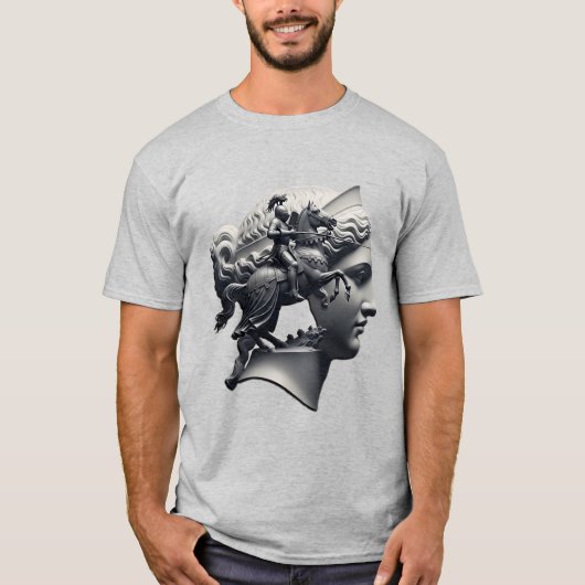 シュールな騎士の彫刻 - モノクロ幻想の扉 Tシャツ (正面)