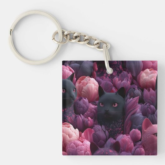 シュールな黒猫とピンクの芍薬の花柄 キーホルダー (正面)