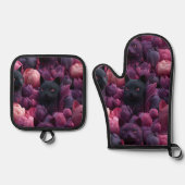 シュールな黒猫とピンクの芍薬の花柄 鍋つかみ&鍋敷きセット (正面)