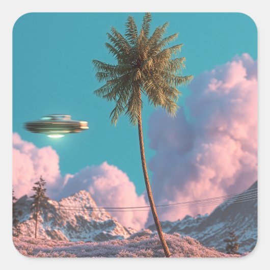 シュールなUFOとパームツリーの山の風景 スクエアシール (正面)