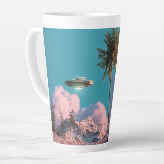 シュールなUFOとヤシの木の山の風景 カフェラテマグ (左アングル)