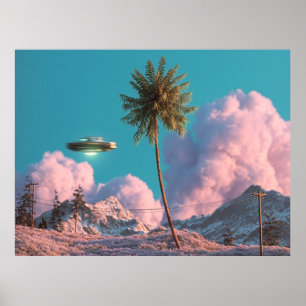 シュールなUFOとヤシの木の山の風景 ポスター