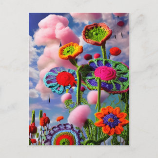 シュールのクロシェ色の花とピンクの雲 ポストカード