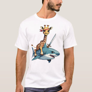 シュールアート サメに乗った剣を持つキリン Tシャツ