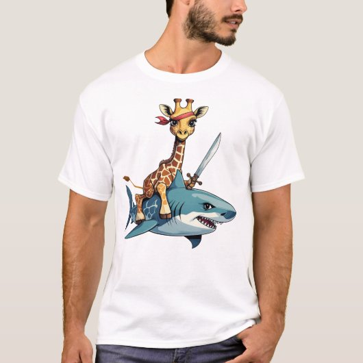 シュールアート　サメに乗った剣を持つキリン Tシャツ (正面)