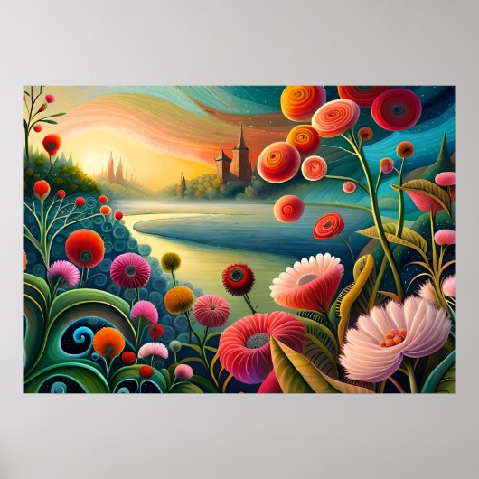 シュールフローラ景観：抽象芸術川と塔 ポスター (正面)