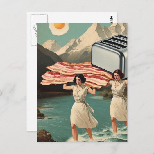 シュールレアルブレックファーストピープルジャイアントトースター&ベーコン ポストカード (正面/裏面)