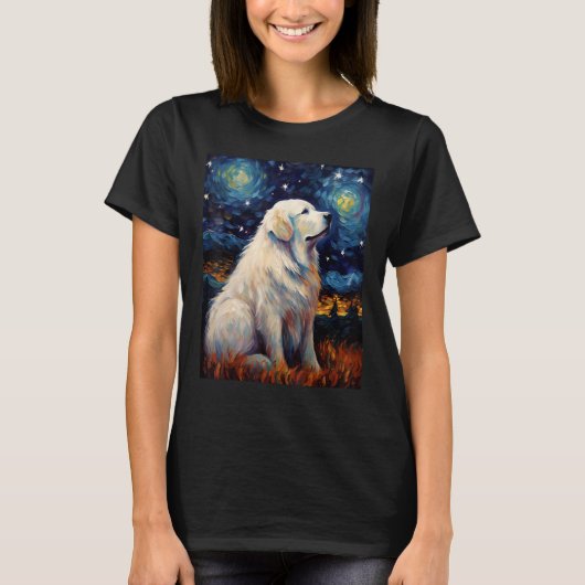 シュールレアル星空素晴らし夜ピレネー犬 Tシャツ (正面)