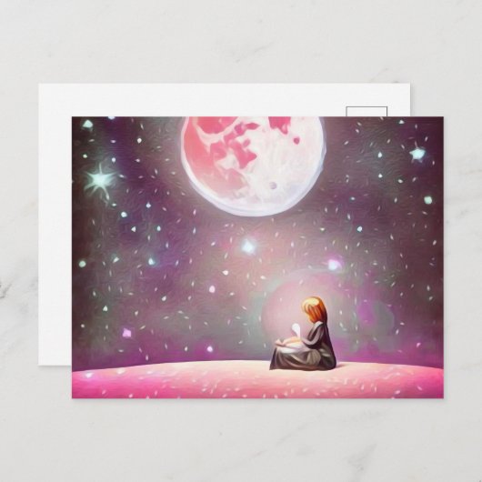 シュールヴィンテージガール&フルピンクムーン ポストカード (正面/裏面)