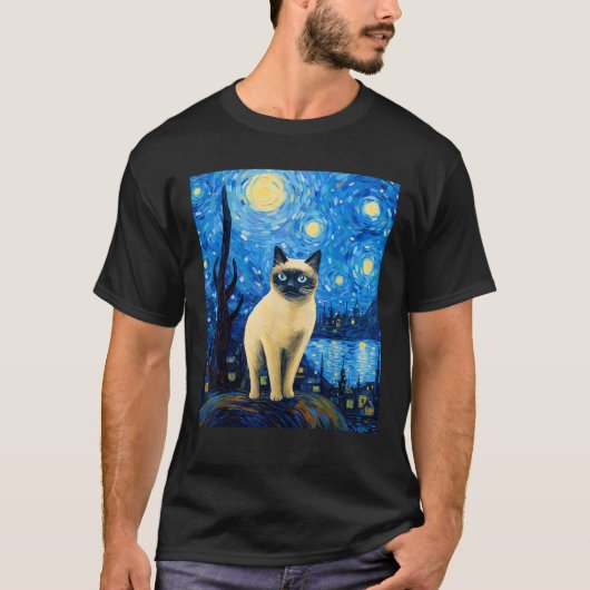 シュール星空のナイトシャム猫Tシャツ Tシャツ (正面)