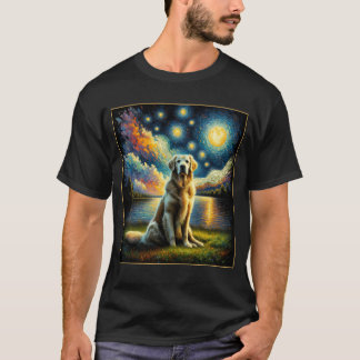 シュール星空の夜ゴールデンレトリバードッグ恋人 Tシャツ