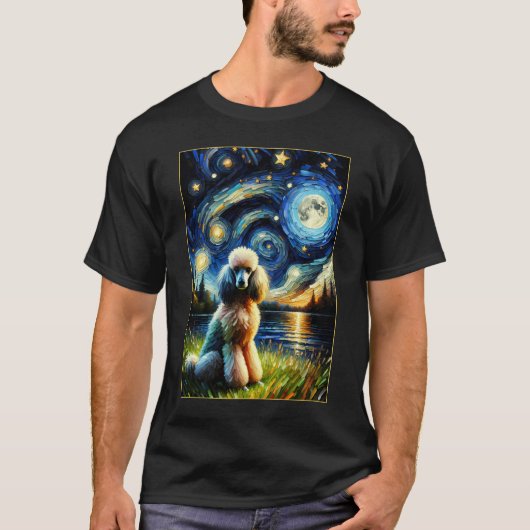 シュール星空の夜プードルドッグ恋人 Tシャツ (正面)