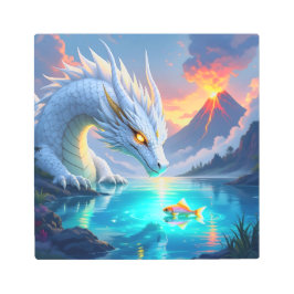 シュール・ホワイト・ドラゴンと金ゴールド・フィッシュ メタルプリント