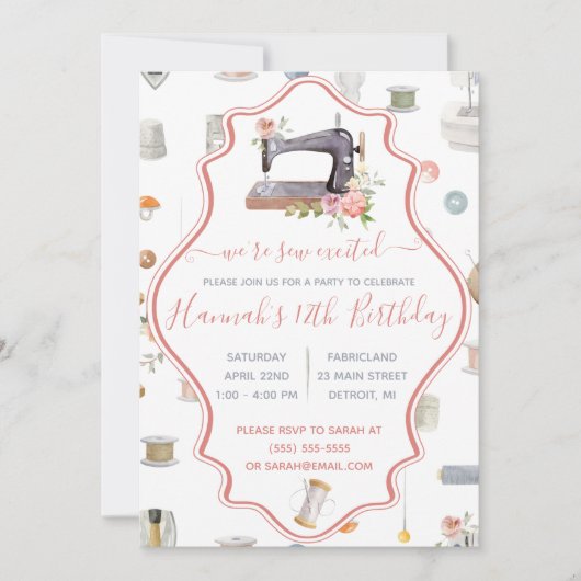 シュー興奮してる!裁縫をテーマにした誕生日パーティー 招待状 (正面)