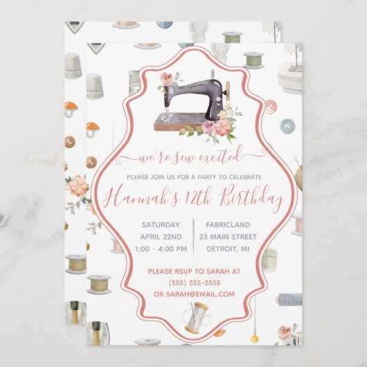 シュー興奮してる!裁縫をテーマにした誕生日パーティー 招待状 (正面/裏面)