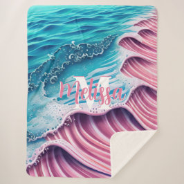 ショアモノグラムに衝突するピンクの波 シェルパブランケット