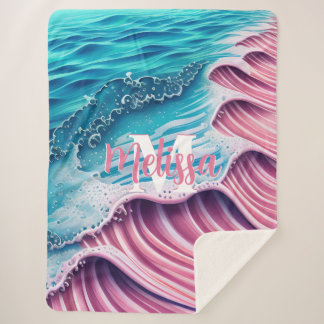 ショアモノグラムに衝突するピンクの波 シェルパブランケット