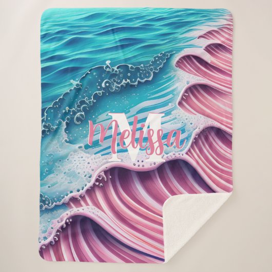 ショアモノグラムに衝突するピンクの波 シェルパブランケット (正面)