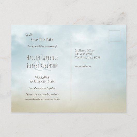 ショア海ビーチ結婚式で日付を保存 案内ポストカード (裏面)