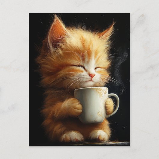 ショウガ色の可愛い子猫とコーヒー ポストカード (正面)