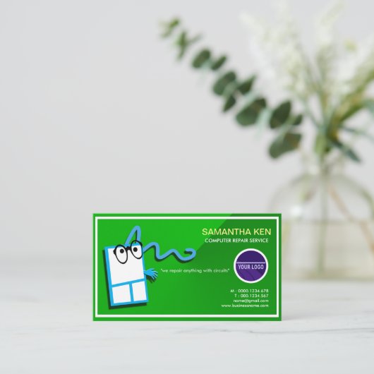 ショッキングなおもしろい緑のマウスPC修復名刺 名刺 (スタンド正面)