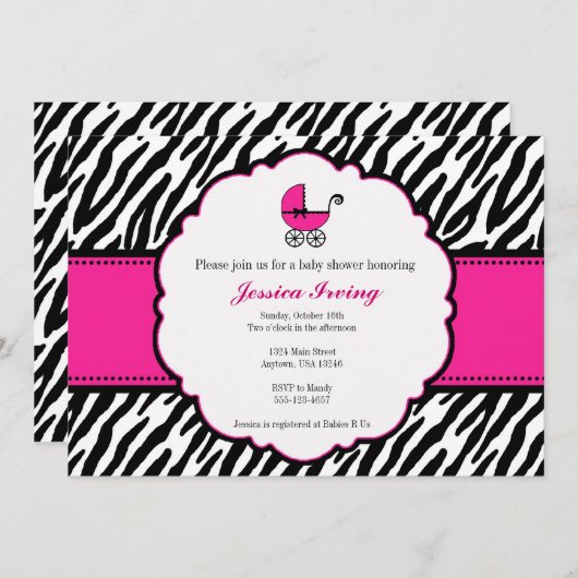 ショッキングピンクおよびシマウマのプリントのベビーシャワーの招待状 招待状 (正面/裏面)