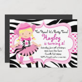 ショッキングピンクおよびシマウマのプリントの女性のカーボーイの誕生会 招待状 (正面/裏面)