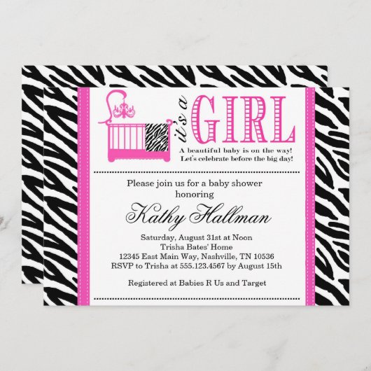ショッキングピンクおよびシマウマのベビーシャワーの招待のカスタム 招待状 (正面/裏面)