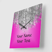 ショッキングピンクおよびフェイクなグリッター スクエア壁時計 (傾斜)