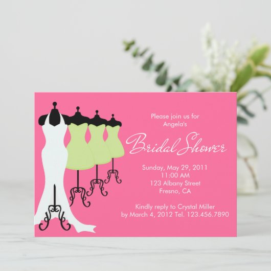 ショッキングピンクおよびライムの服のブライダルシャワーの招待状 招待状 (スタンド正面)