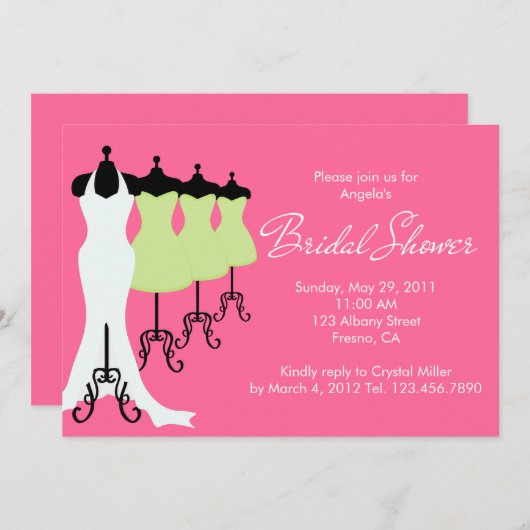 ショッキングピンクおよびライムの服のブライダルシャワーの招待状 招待状 (正面/裏面)