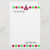 ショッキングピンクおよび緑のアーガイル柄のな先生の文房具 便箋 (正面/裏面)