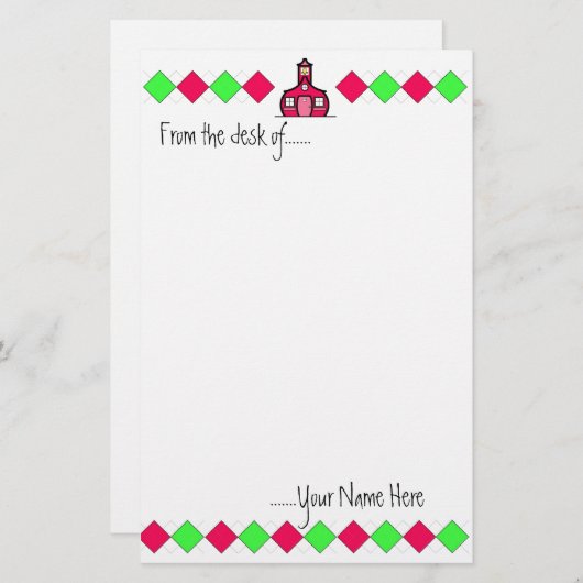 ショッキングピンクおよび緑のアーガイル柄のな先生の文房具 便箋 (正面/裏面)