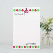 ショッキングピンクおよび緑のアーガイル柄のな先生の文房具 便箋 (スタンド正面)