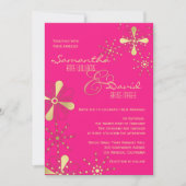 ショッキングピンクおよび金ゴールドのインディアンの刺激を受けたな結婚式 招待状 (正面)